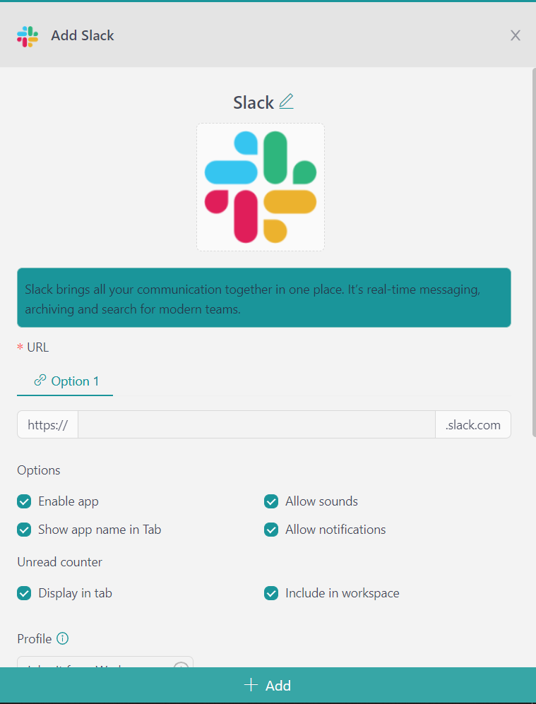Add Slack app Workspace Hub