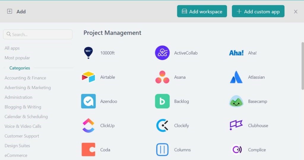 Apps library Workspace Hub