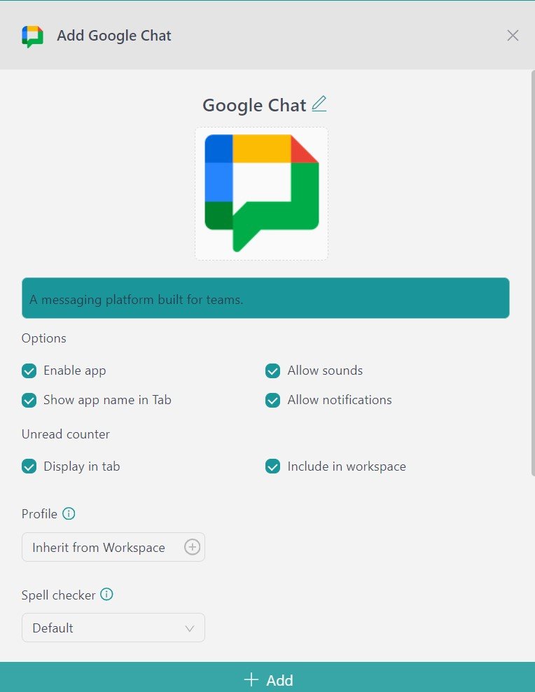 configure google chat in Workspace Hub