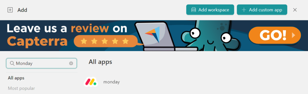 Add Monday on Workspace Hub