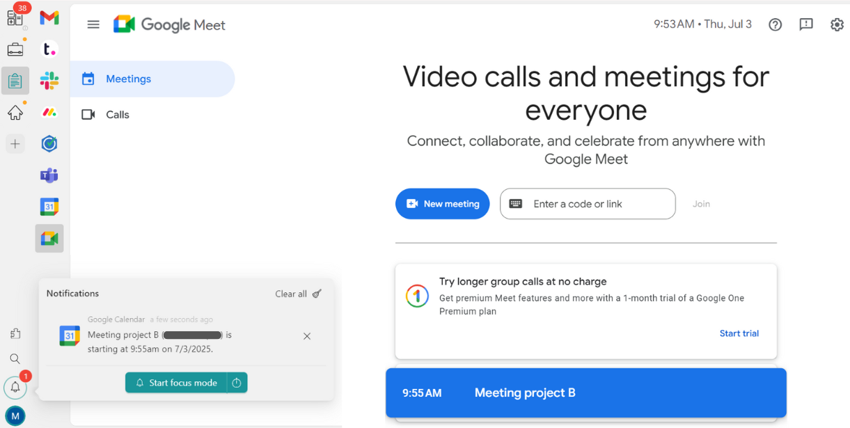 Google Meet notifications on Workspace Hub