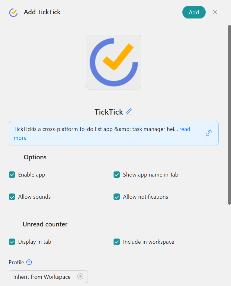 Configure TickTick on Workspace Hub