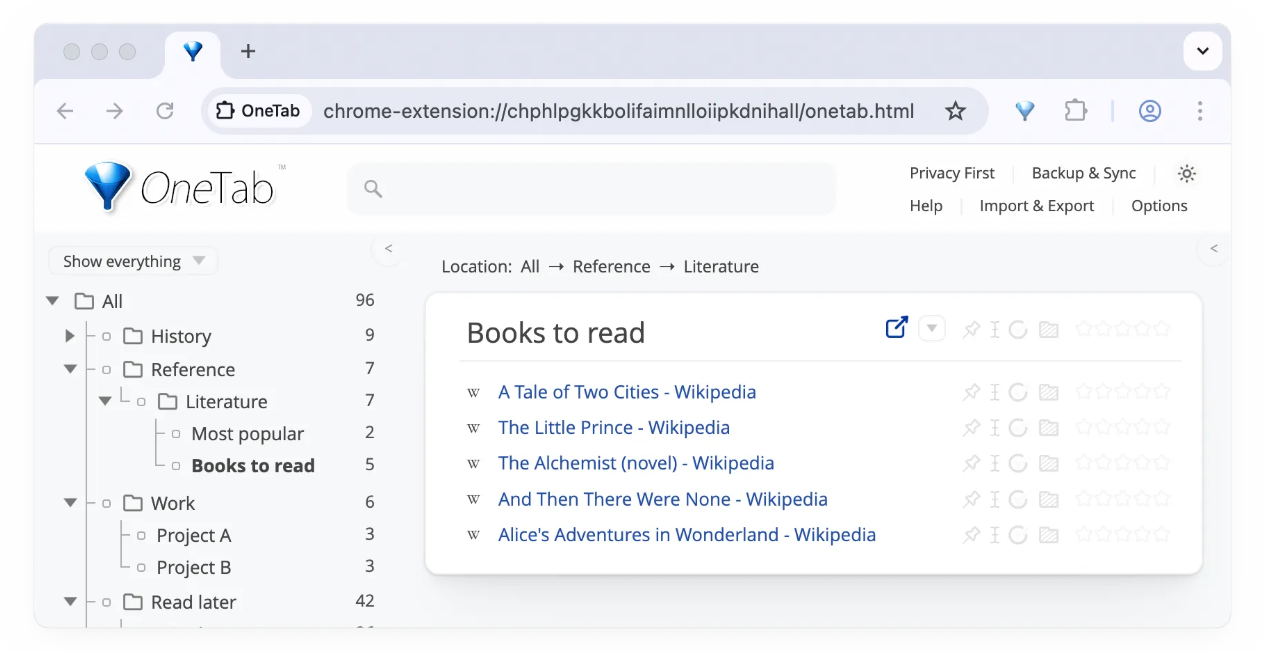 Onetab- tab manager for chrome