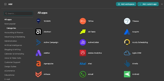 Web apps running together in one Workspace Hub interface